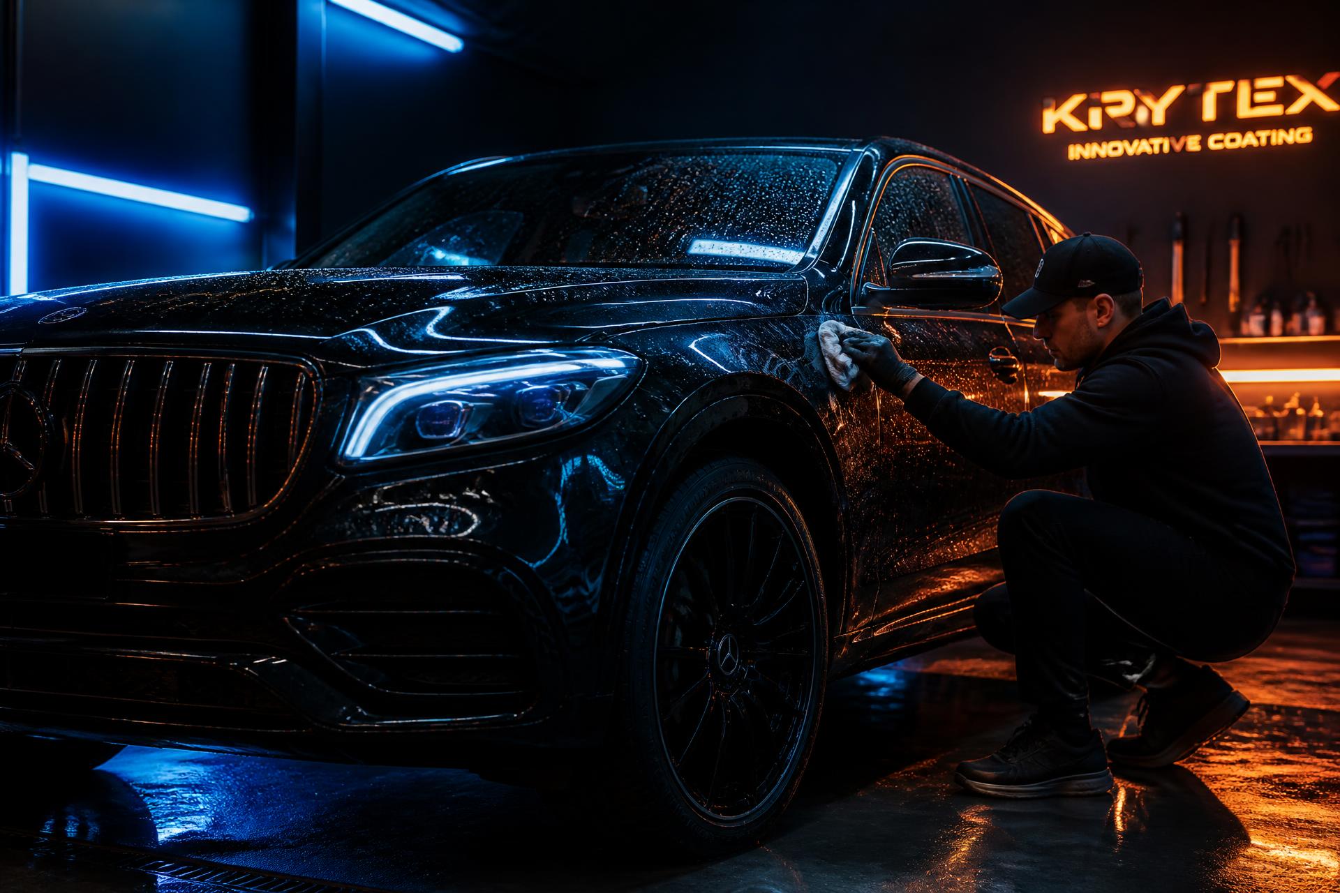 Luxury black SUV being detailed at night